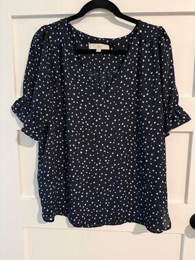 LOFT Navy and White Polka Dot V-Neck Blouse